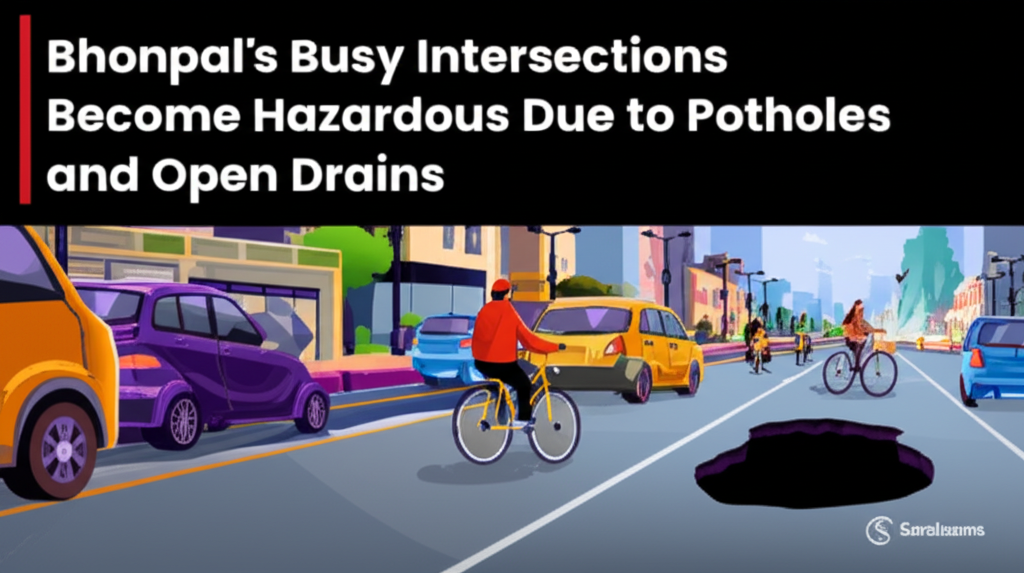 Bhopal’s Busy Intersections Become Hazardous Due to Potholes and Open Drains