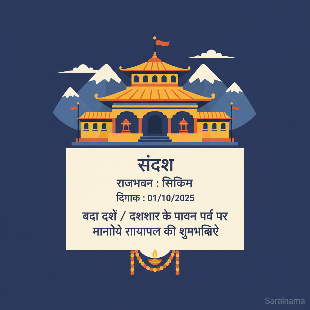 संदेश   राजभवन : सिक्किम   दिनांक : 01/10/2025 बड़ा दशैं / दशहरा के पावन पर्व पर माननीय राज्यपाल की शुभकामनाएं सिक्किम क...