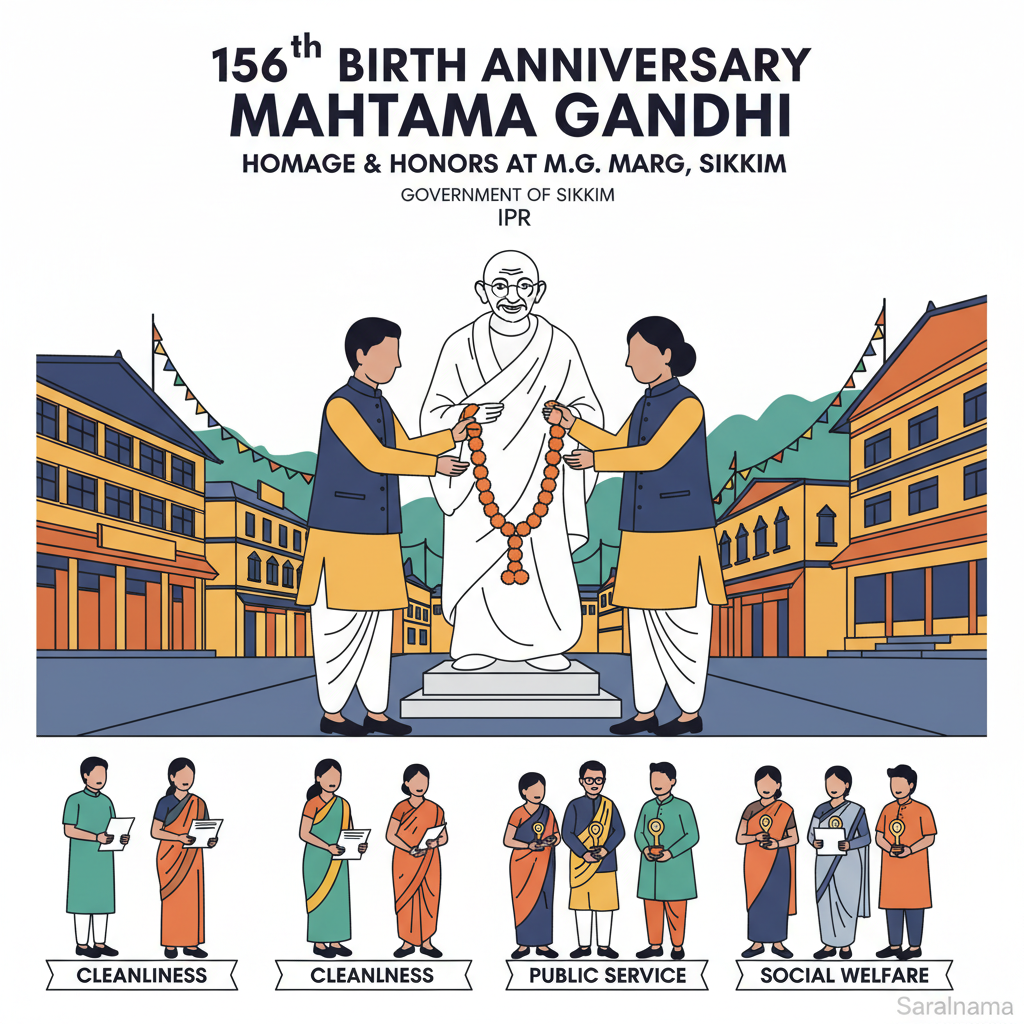 Hon&#x2019;ble Governor Shri Om Prakash Mathur Ji and Hon&#x2019;ble Chief Minister Shri Prem Singh Tamang paid homage to Mahatma Gandhi on his 156th birth anniversary at M.G. Marg. The occasion also recognised outstanding contributions in cleanliness, public service, and social welfare. (IPR) | Government of Sikkim