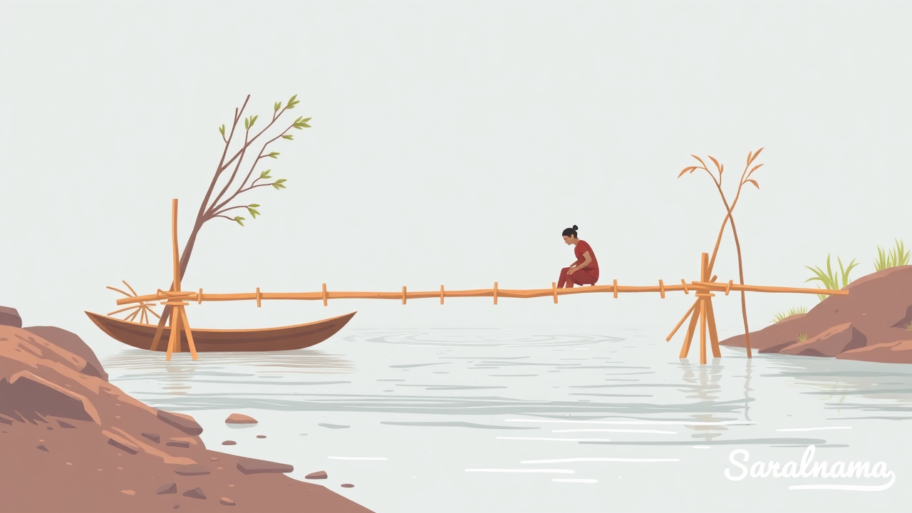 3 km Detour: Villagers Cross Daha River by Boat and Bamboo Bridge