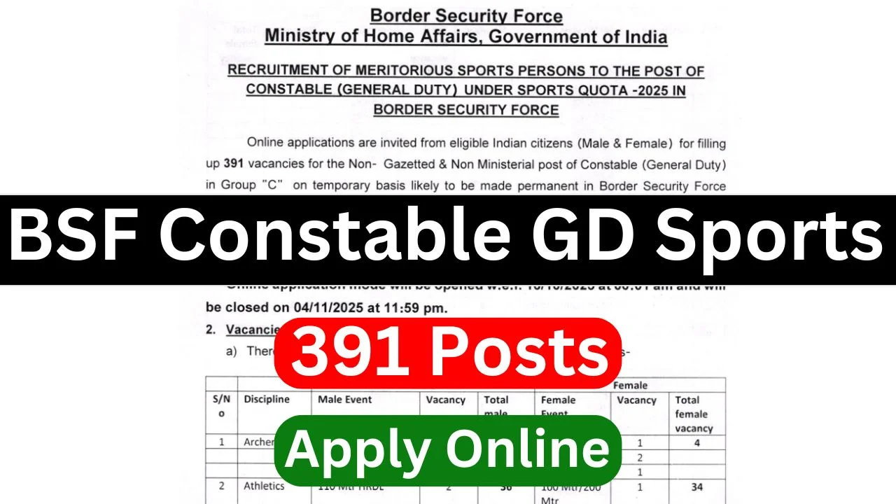 BSF Constable GD Sports Recruitment 2025: 391 Posts Available