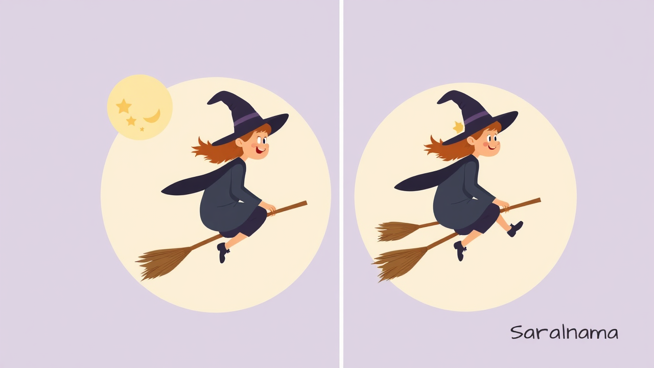 Spot 2 Differences in the Witch on a Broom Pictures in 11 Seconds!
